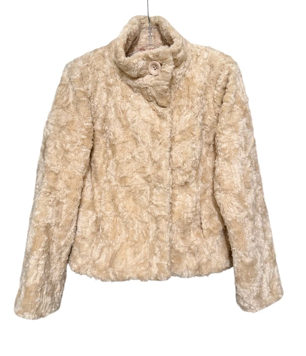 Derhy Faux Fur Jacket Beige Teddy Plush Textured Coat High Collar Women's S